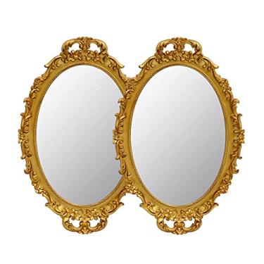 Imagem de Pacote com 2 - Espelho decorativo vintage com moldura dourada, espelhos para pendurar na parede e bandeja de mesa para decoração de cômoda de quarto, sala de estar, oval - 24,4 cm L x 36,3 cm C (ouro