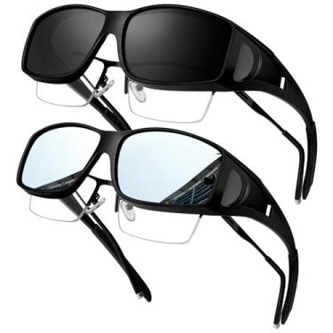Imagem de KANASTAL Óculos de Sol Masculino Feminino Sobrepor Polarizado Escuro Preto Prateado Espelhado sobre Oculos UV400 Proteção Lateral Retangular Sunglasses over Glasses 2 Pack -Espelhado Prata + Preto