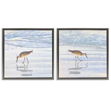 Imagem de Stupell Industries Conjunto de arte de parede em tela emoldurada Seaside Sandpiper Birds 2 peças cinza flutuante por Christine Zalewski, 45,7 x 45,7 cm