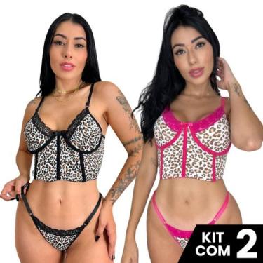 Imagem de Kit 2 Conjuntos Calcinha e Sutiã  Cropped Estampa Oncinha Sexy Sedutor