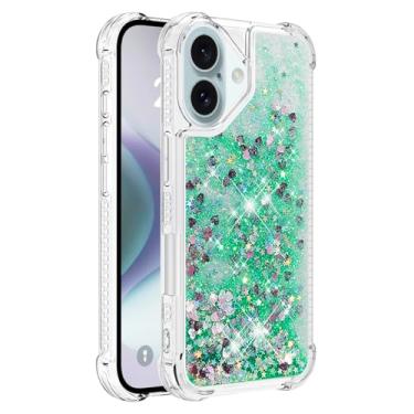 Imagem de Capa de telefone à prova de choque para iPhone 16 Plus com glitter líquido de areia movediça e corações flutuantes, capa de TPU de camada dupla reforçada com 4 cantos, protetor de telefone seguro
