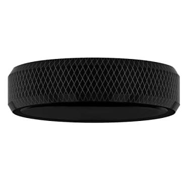 Imagem de STEEL NATION JEWELRY Aliança de casamento masculina carboneto de tântalo 6 mm preto padrão cruzado borda chanfrada, Metal