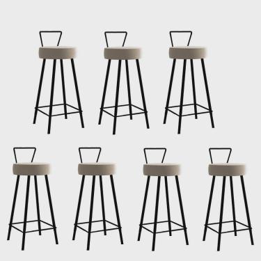 Imagem de Kit 07 Banqueta Alta Com Encosto Tais Eiffel Cozinha Bar Bistrô Ferro Preto Sintético Bege - Ahz Móveis
