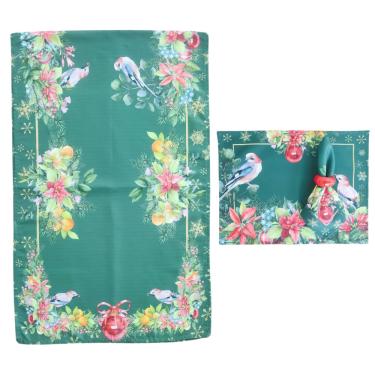 Imagem de Kit Mesa Posta Natal 16 Peças Jogo Americano Trilhos de Mesa Flores Pássaros Para 6 Lugares