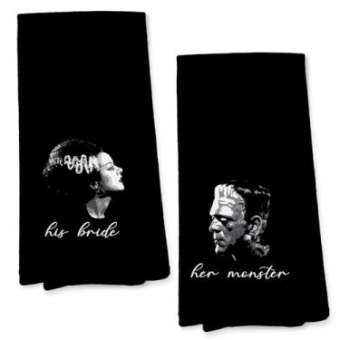 Imagem de Giosve Frankenstein and Bride Toalhas de cozinha góticas para casais, presentes de casamento para casais, toalhas de mão de filme de monstro de terror Dark Academia, toalhas de chá assustadoras para