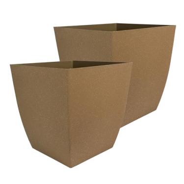 Imagem de The HC Companies Vaso quadrado autoirrigável Santa Fe de 40,6 cm - Vaso decorativo leve com orifício de drenagem para uso interno e externo, argila de caverna (pacote com 2)