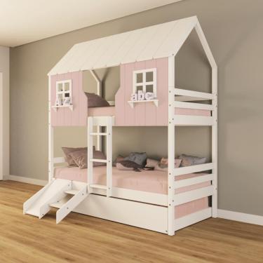 Imagem de Treliche Casinha Encantada com Kit Escada/ Escorregador Madeira Maciça Rosa/ Branco Housin