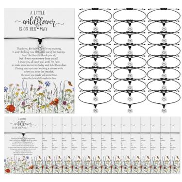 Imagem de Landical Conjunto de 25 lembrancinhas de chá de bebê de flores silvestres para convidados A Little Wildflower Is on Her Way Pulseiras ajustáveis para chá de bebê com cartão de agradecimento para