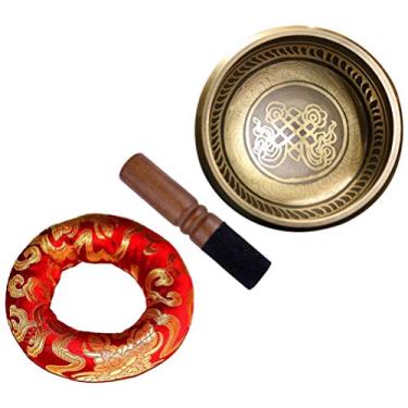 Imagem de Conjunto de meditação tibetano feito à mão - Tigela de sino de cobre com golpe de madeira para relaxamento de ioga e harmonia espiritual