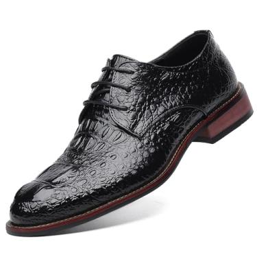 Imagem de Sapato social masculino de crocodilo com cadarço e bico redondo com estampa de crocodilo, sapatos clássicos de negócios formais Derby para homens, Preto, 42