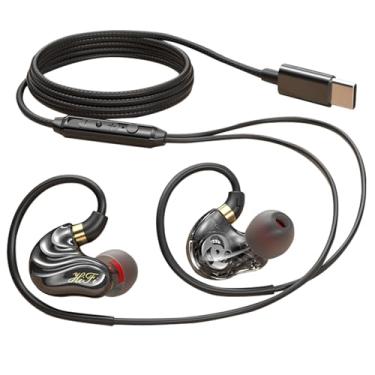 Imagem de Holiper USB C Dual Driver auriculares com cabo e microfone, capacetes In-Ear com gancho de orelha, graves potentes, controlo de volume e isolamento de ruído, 1,2 metros para corrida, desportos, PC