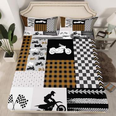 Imagem de Homewish Jogo de cama queen para motocicleta, lençol com elástico marrom Motorcross Rider patchwork, protetor de colchão geométrico de corrida com 2 fronhas, bolso profundo elástico redondo