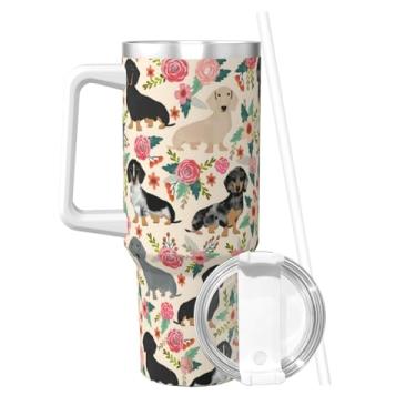 Imagem de Dachshund Sausage Dogs Pink Flowers Print Copo de 1,134 g com alça e tampa de canudo | Copo isolado reutilizável de aço inoxidável garrafa de água caneca de viagem compatível com porta-copos |