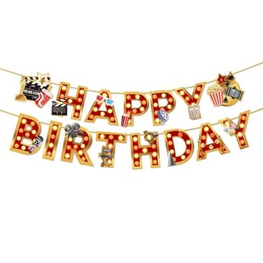 Imagem de Movie Happy Birthday Banner Film Themed Sign Hanging Paper Birthday Party Decoration Supplies for Movie Night Hollywood Cinema Theme Birthday Decorations Favors.