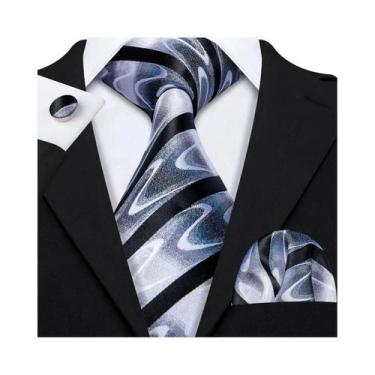 Imagem de Conjunto de Gravata e Abutões Masculinos - Seda Jacquard Preto, Branco