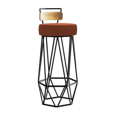 Imagem de Banqueta Com Encosto Botty Hexágono Cozinha Peroba Rosa Ferro Preto Sintético Laranja - Amey Decor