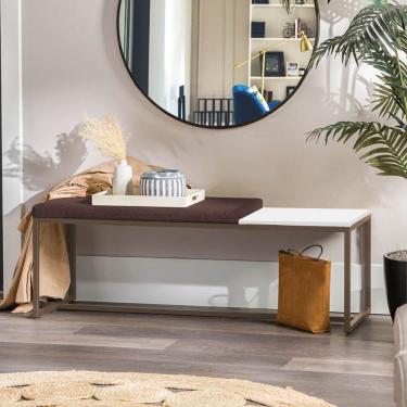 Imagem de Banco Recamier Puff 195cm Industrial Marrom Suede Marrom Tampo Quadrado Mdf Branco