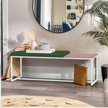 Imagem de Banco Recamier Puff 195cm Industrial Branco Suede Verde Tampo Quadrado Mdf Rose