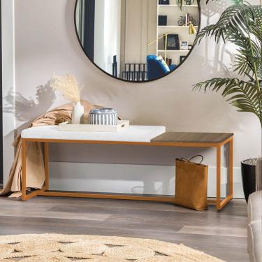 Imagem de Banco Recamier Puff 140cm Industrial Bronze Corino Branco Tampo Quadrado Mdf Imbuia