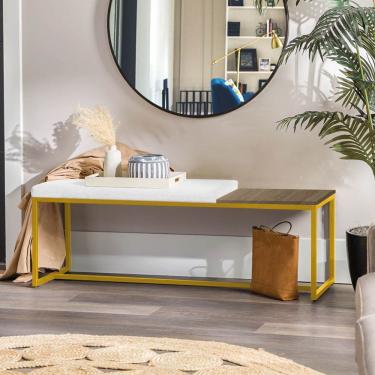 Imagem de Banco Recamier Puff 195cm Industrial Dourado Sintético Branco Tampo Quadrado Mdf Madeira