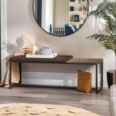 Imagem de Banco Recamier Puff 140cm Industrial Preto Suede Marrom Tampo Quadrado Mdf Nogal