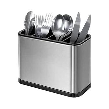 Imagem de Escorredor Porta Talheres em Inox com 4 Divisórias Organizador Compacto de Utensílios e Sistema de Drenagem D’agua em Aço Inoxidável Premium