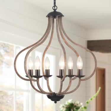 Imagem de TYNEWRGY Lustre De Madeira Estilo Fazenda 18'', Pendente Vintage Rústico Carvalho Marrom Com 6 Luzes Para Iluminação Ilha Cozinha, Corredor, Hall Entrada, Sala Estar, Quarto