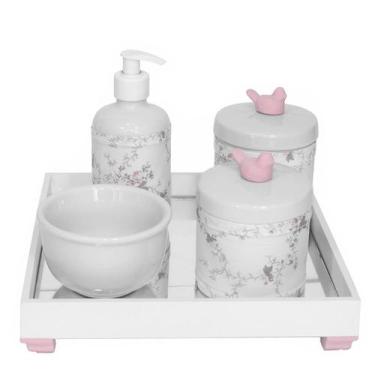 Imagem de Kit Higiene Porcelana Molhadeira Bebê Passarinho Rosa Menina - Potinho