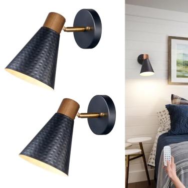Imagem de DSMJFU Conjunto De Duas Arandelas Parede Modernas Operadas Por Bateria, Pretas, Recarregáveis Com Cúpula Metal, Luminária Sem Fio Regulável Controle Remoto Para Penteadeira Corredor Quarto (Inclui 2
