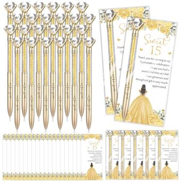 Imagem de Sayglossy 50 conjuntos de lembrancinhas de festa de quinze anos, presentes de agradecimento, grandes canetas de diamante de cristal com cartões de agradecimento, canetas esferográficas retráteis, 15