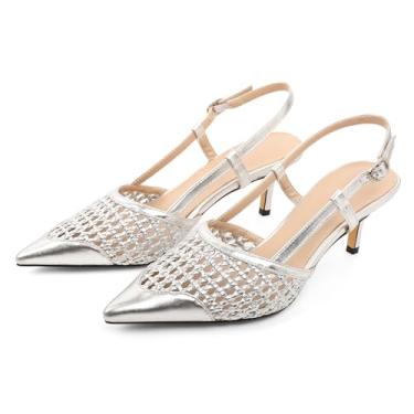 Imagem de AUMOTED Sapatos femininos de salto baixo, salto slingback elegante, bico fino, salto de 6 cm com strass elegante, Prata, 40
