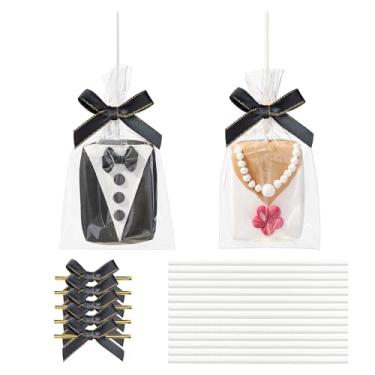 Imagem de RomanticBaking 50 conjuntos de sacos transparentes de arroz Krispie com laço de fita preta e palito e sacos lisos de celofane transparentes para petiscos de arroz Krispie bolsa de presente (preto)