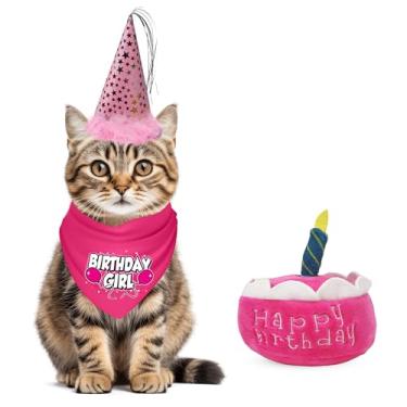 Imagem de JT PET Pacote de festa de aniversário de gato com bandana, chapéu de festa rosa estrelado com elástico ajustável, borlas e acabamento de penas, e brinquedo de bolo de aniversário de erva de gato,