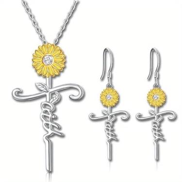 Imagem de JDONL Conjunto de colar de brincos de cruz com letra de girassol para mulheres brinco de pingente de flor personalizado joia de festa, Large, Metal, Sem Pedra Preciosa