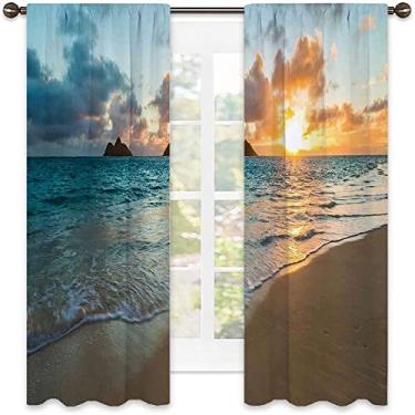 Imagem de Cortina blackout havaiana, nascer do sol cênico sobre o oceano, rochas, areia, nuvens, luz do sol, beira-mar, para sala de estar ou quarto, L 152 x C 150 cm, amarelo turquesa