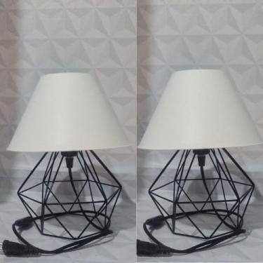 Imagem de Abajur Pequeno luminária Com Aramado Retrô Ideal Para Quarto Diamante KIT 2 (Preto Cupula Branca)