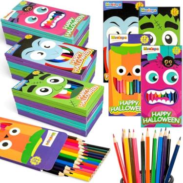Imagem de MOVINPE 288 lápis de cor de Halloween a granel para crianças, 24 caixas de lápis de cor pré-afiados, 12 cores vivas, artigos para lembrancinhas de festa de Halloween, prêmio de presente para sala de