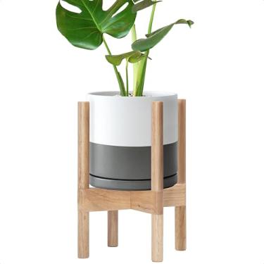 Imagem de D'vine Dev Vaso de cerâmica com suporte natural - Vaso de flores redondo moderno de 20 cm com suporte de plantador de madeira, branco/cinza, 55-B-N-6