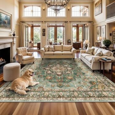 Imagem de TOPRUUG Tapete de área oriental lavável - 30,5 x 30,5 cm para sala de estar, tapete macio para quarto, impermeável, floral, envelhecido, resistente a manchas, não derrama, tapetes de chão (verde, 30,5