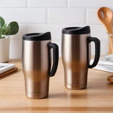 Imagem de Caneca Térmica Parede Dupla em Aço Inox Marrom 450ml com Tampa Flip - Estilo Minimalista