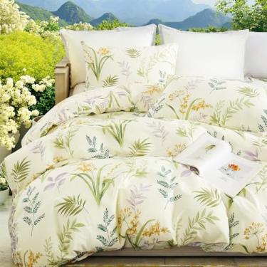 Imagem de Cozaline Capa de edredom 100% algodão natural tamanho Queen - Capa de edredom vintage reversível estilo jardim floral com fecho de zíper, conjunto de cama verde macio e respirável de 3 peças