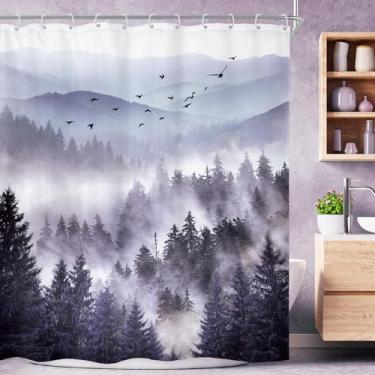 Imagem de Riyidecor Cortina de chuveiro roxa 182 cm L x 246 cm A extra longa montanha natureza floresta paisagem parque vista nebuloso pinheiro alpino legal decoração de banheiro masculino tecido poliéster
