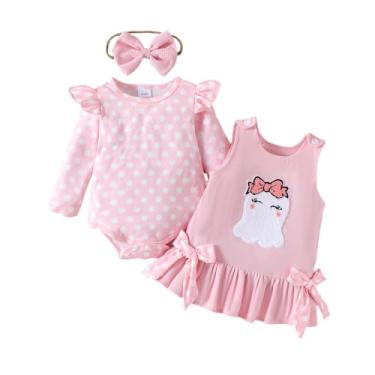 Imagem de Newborn Baby Girl Halloween Outfits Long Sleeve Striped Polka Dot Romper Bow Ghost Pumpkin Overall Dress Fall Clothes（Ghost，0-3 Months）