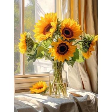 Imagem de Huacan Kit de pintura por números para adultos iniciantes sem moldura, kits de pintura de flores DIY por números para adultos kit de pintura acrílica de desenho de girassol em tela com 3 pincéis 40 x