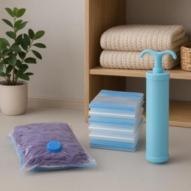 Imagem de Kit 5 Sacos a Vácuo 60x80cm + Bomba Manual | Organizador Roupas, Edredom e Cobertor | Economia Espaço Proteção Antimofo | Viagem e Guarda-Roupa