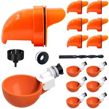 Imagem de Conjunto de alimentador e bebedouro de frango (6 + 6 pacotes) com serra de furo, alimentador automático sem desperdício e kit de irrigador sem vazamento, conjunto de água e alimentador de aves de