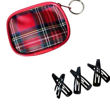 Imagem de Kit Presilha Tic Tac de Cabelo Tamanho Grande Metal Preto 3 pares + 1 Porta Niquel Moeda Xadrez Retangular Vermelho Luxo