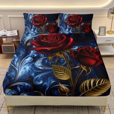Imagem de AILONEN Jogo de cama Queen com rosas vermelhas e azuis, arte romântica de flor de rosa, boêmio, 3 peças, lençol com elástico macio e 2 fronhas