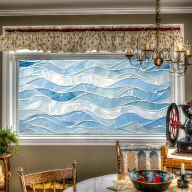 Imagem de HOMETITUTE Película de vidro ondulada azul para janela de 100 x 43 cm decorativa com aderência estática cobertura de janela design de mosaico de privacidade filtro de luz solar para porta de banheiro