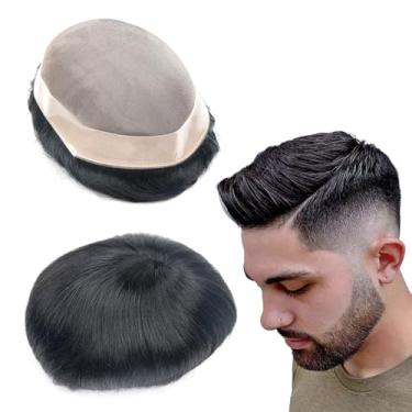 Imagem de lumeng Perucas masculinas Toupee para homens Unidade de cabelo masculino Mono Lace com PU reforçam cerca de 100% cabelo humano homem substituição sistemas de renda negrito 8x10 polegadas 1# Jet Black